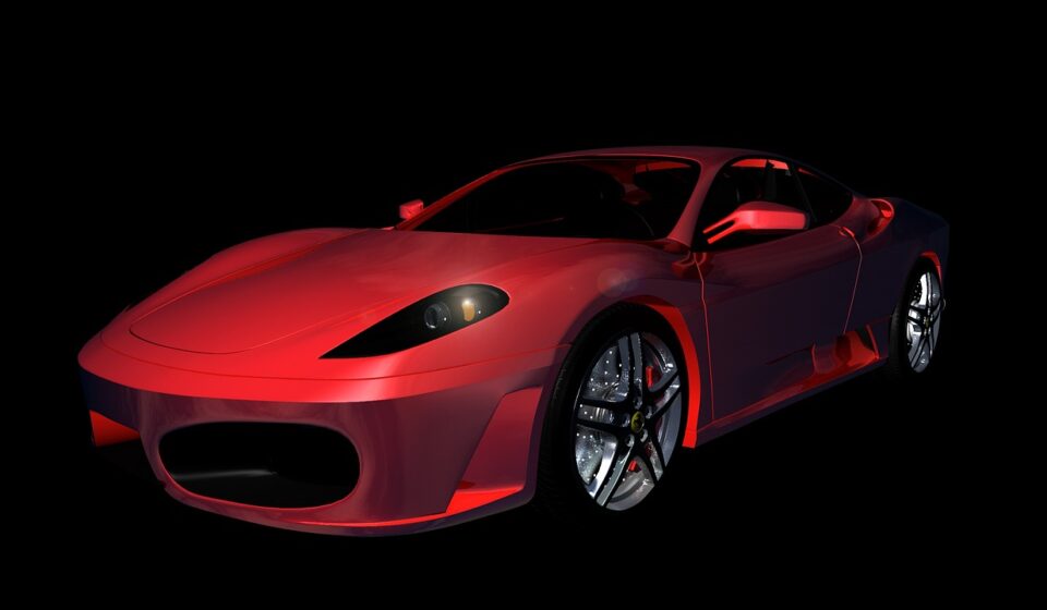 ferrari, f430, sports car, automobile, race car, contour, metallic, sun reflections, the shade, hall, concrete wall, monochrome, 3d, machine, rendering, finish