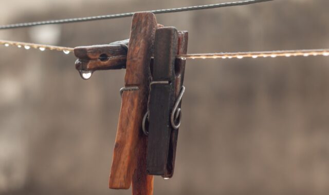 wooden clothes catch, raindrops, grey sky, raining, clothes line, fastener clothes, hang, drops, domestic, wet