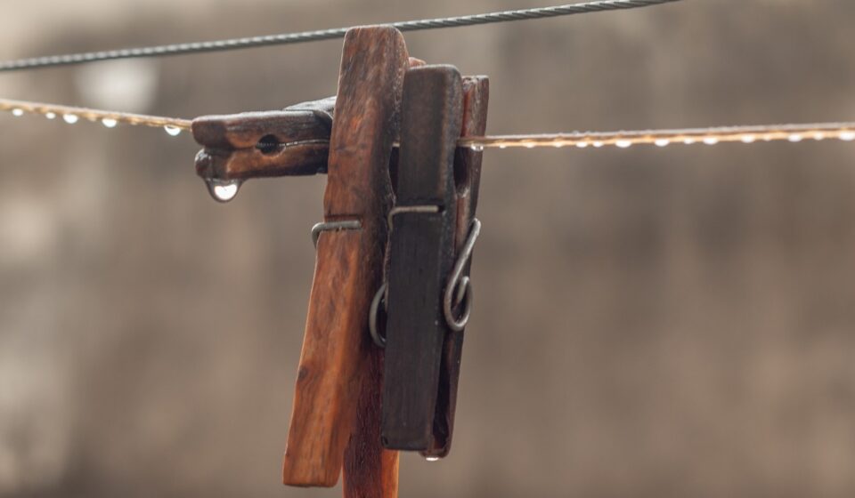 wooden clothes catch, raindrops, grey sky, raining, clothes line, fastener clothes, hang, drops, domestic, wet