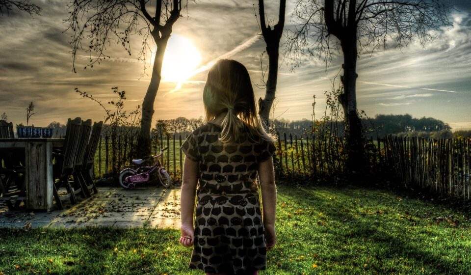 girl, bicycle, garden, people, outdoor, romantic, young, child, backyard, fence, grass, sunset, sky, clouds, trees, hdr, creepy, childhood, kid, little, nature, person, female, small, innocence, daughter, preschooler, yard, twilight