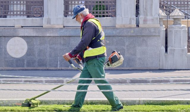 man, worker, car wallpapers, costume, protection, mowing, grass, car, motor, device, technology, the street, nature, building, urban, town, activity, service, maintenance