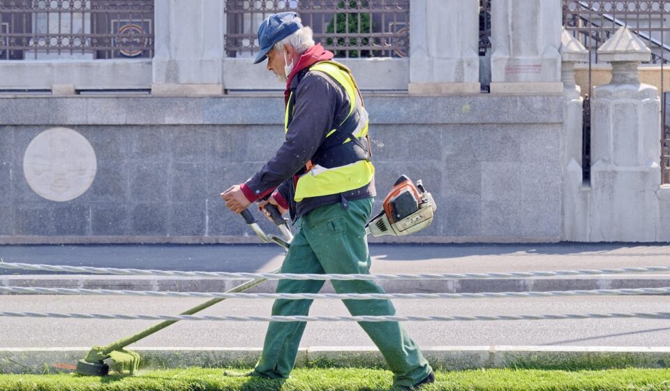 man, worker, car wallpapers, costume, protection, mowing, grass, car, motor, device, technology, the street, nature, building, urban, town, activity, service, maintenance