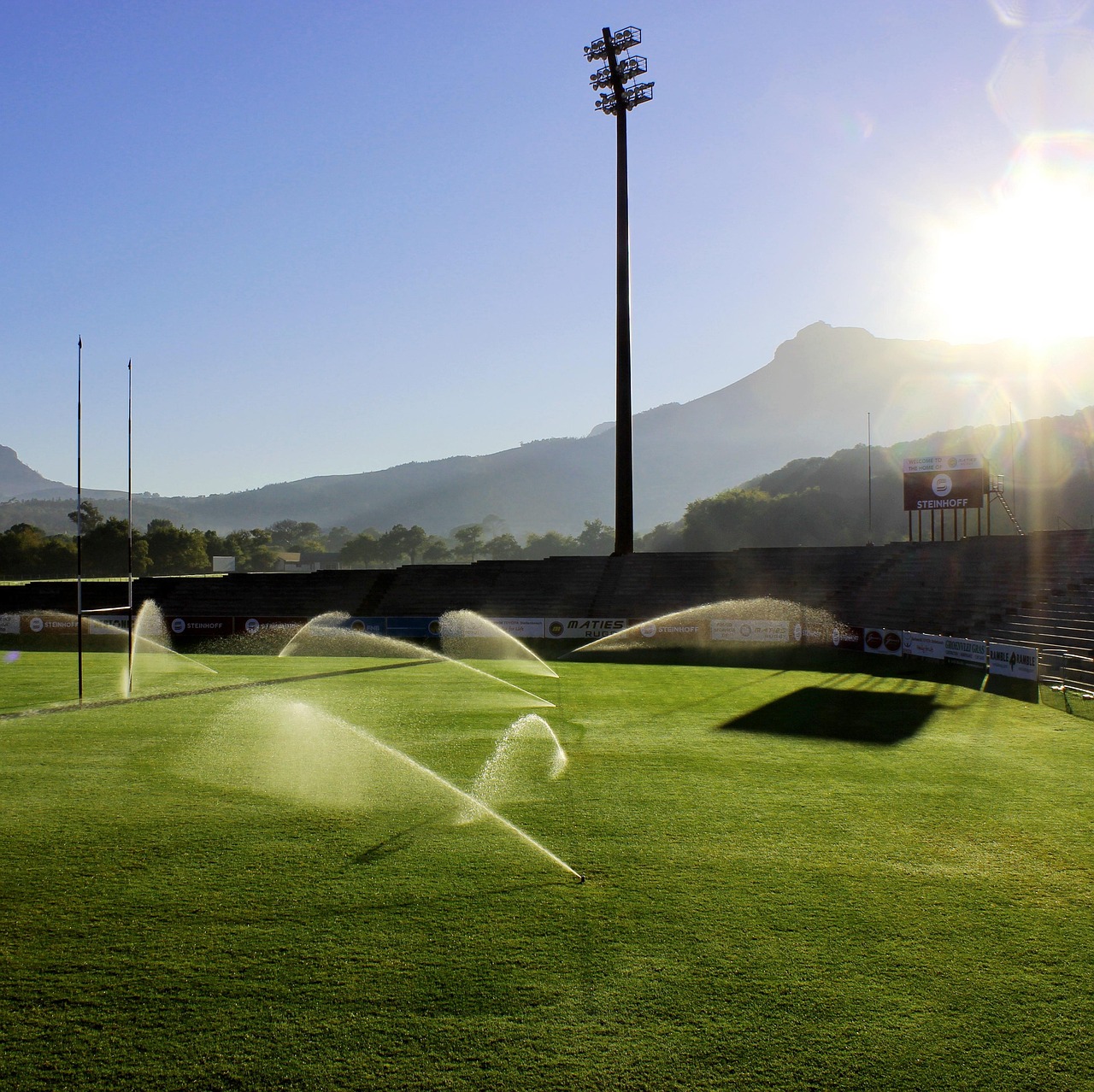 field, sprinklers, photography, nature, water, irrigation, stadium, rugby, sky, outdoor