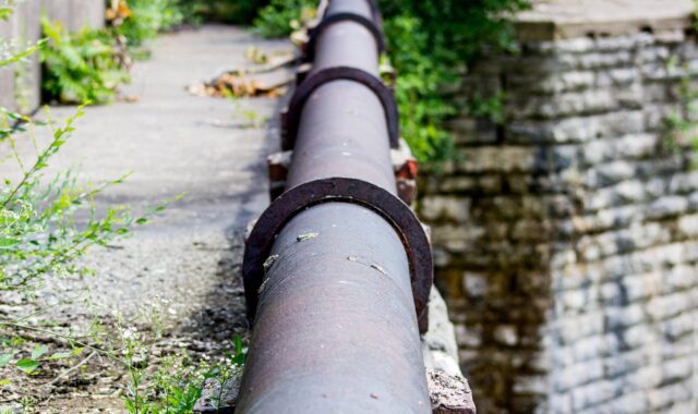 pipe, nature, stone, wall, outdoors, tree, metal