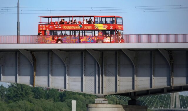 bus, coach, bridge, tourists, tourism, running, metallic, urban, river, city, visiting, blue sky, bicyclist, bus, bus, tourism, tourism, tourism, tourism, tourism