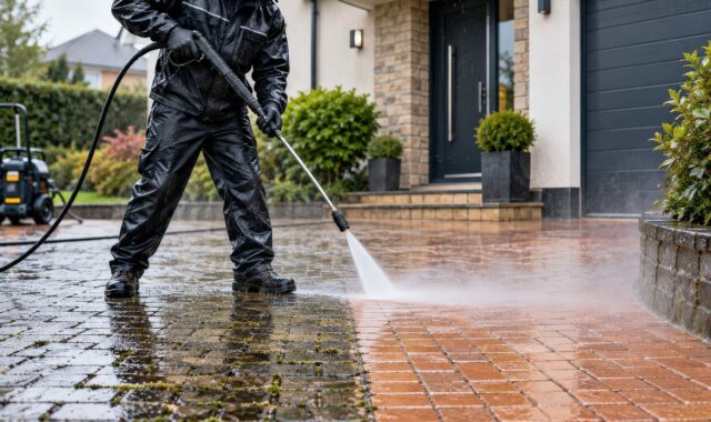 pressure washing, paving, spring cleaning, brick driveway, cleaning outdoor areas, water jet, dirt removal, garden maintenance, man, workwear, commercial services, property maintenance, home upkeep, cleaning equipment, outdoor paving, rain cleaning, winter maintenance, diy