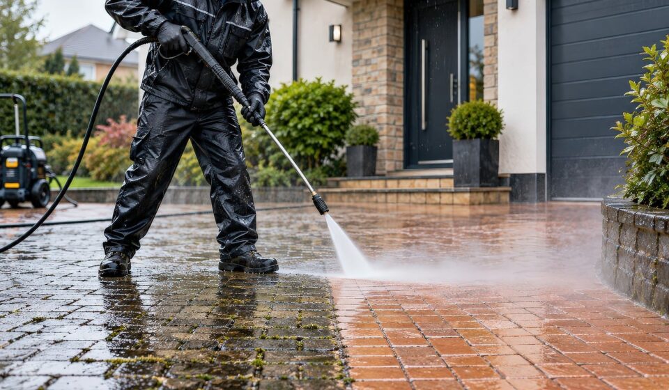 pressure washing, paving, spring cleaning, brick driveway, cleaning outdoor areas, water jet, dirt removal, garden maintenance, man, workwear, commercial services, property maintenance, home upkeep, cleaning equipment, outdoor paving, rain cleaning, winter maintenance, diy