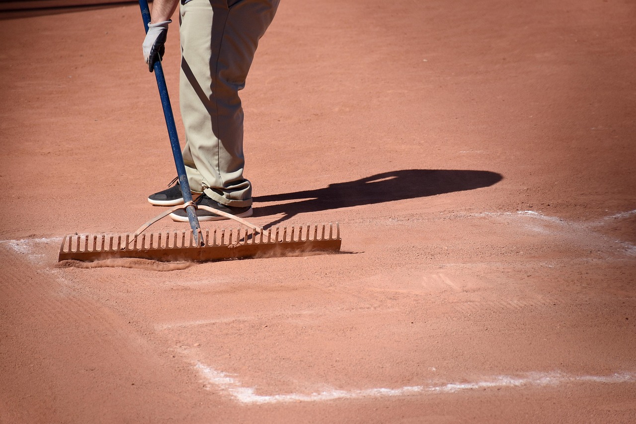 baseball field, sports, field, baseball, diamond, athletics, chalk, dirt, working, raking, brown diamond