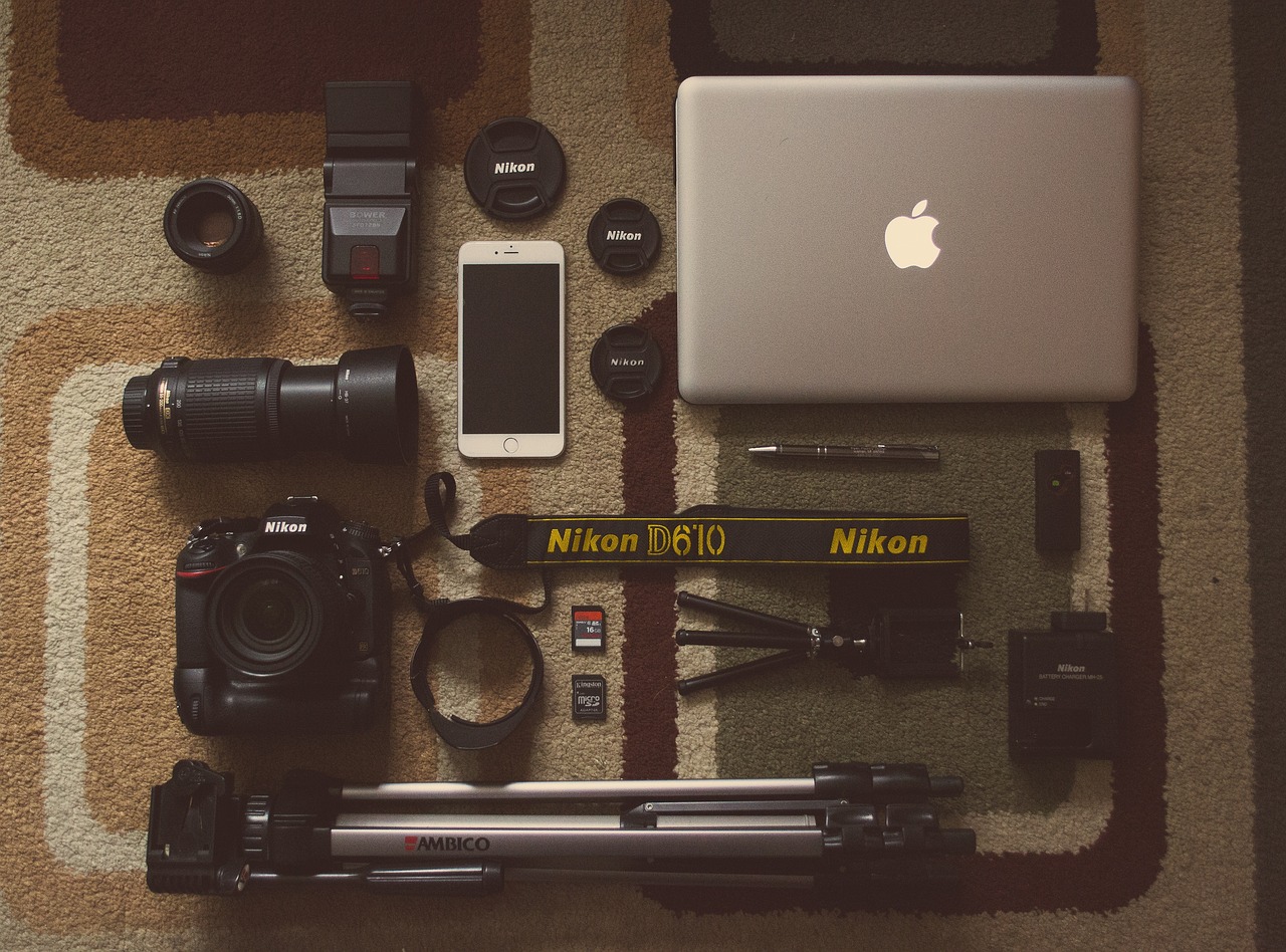 camera, gear, objects, photography, technology, macbook, brown camera