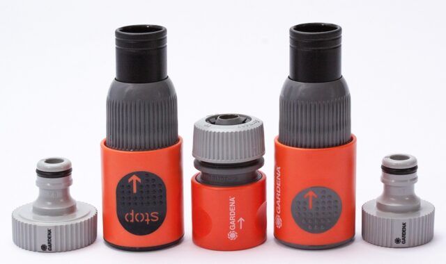 hose pieces, plug-in system, garden tools, gray, orange, black, gardena