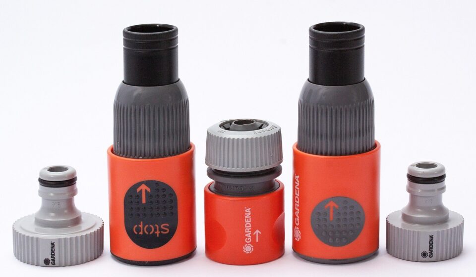 hose pieces, plug-in system, garden tools, gray, orange, black, gardena