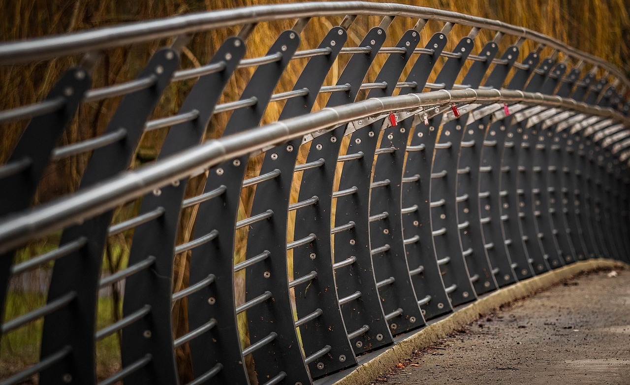 bridge, railing, metal, architecture, perspective, close up