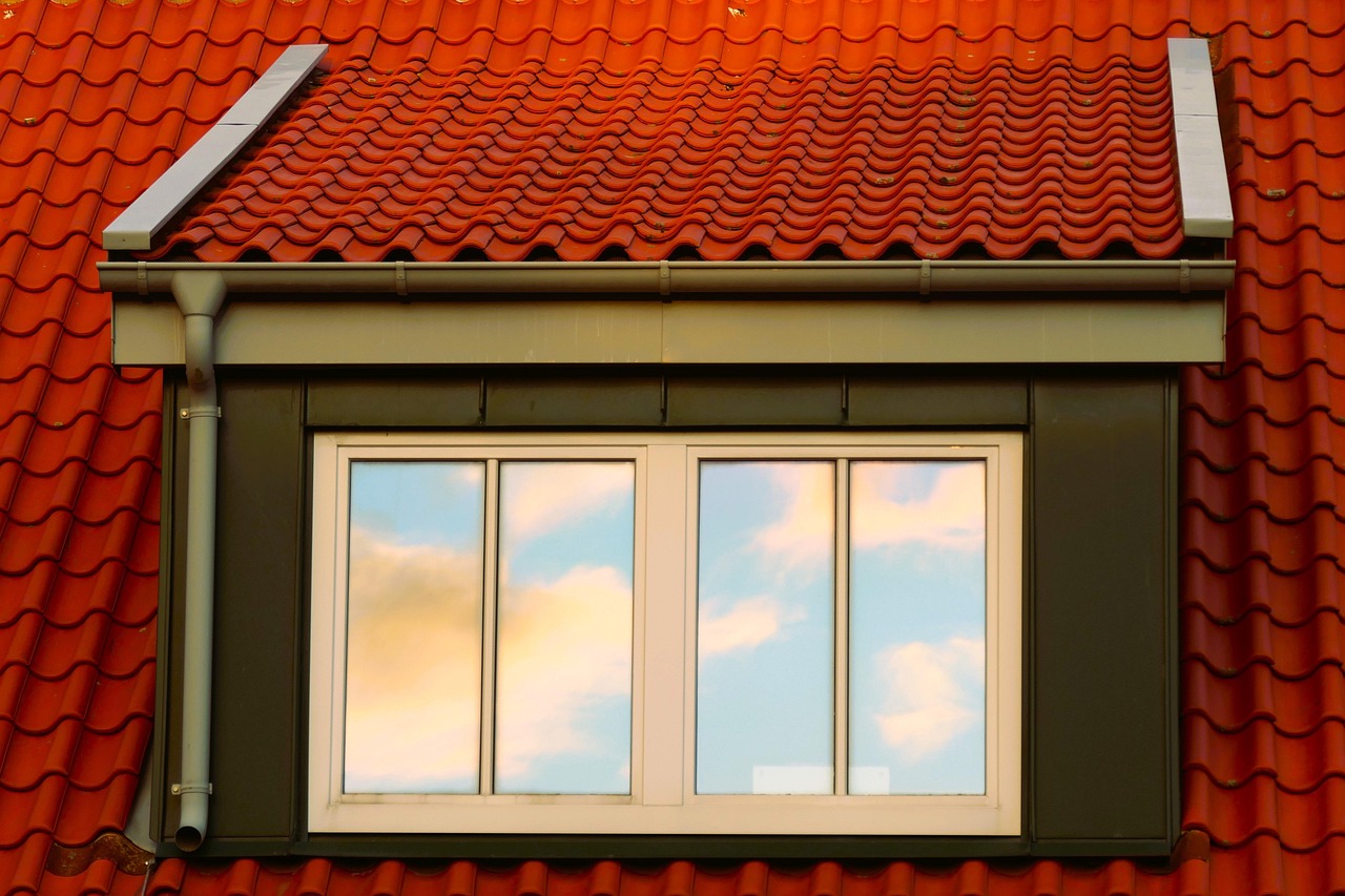 window, skylight, clouds, reflection, nature, evening sky, sunset, rain gutter, roof, house, insight, outlook, sun